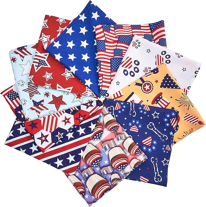 10PCS 4th of July Dog Bandanas American Flag Stars and Stripes Patriotic Balloons Pattern for Medium Boys Girls Independence Day Party Grooming Accessories