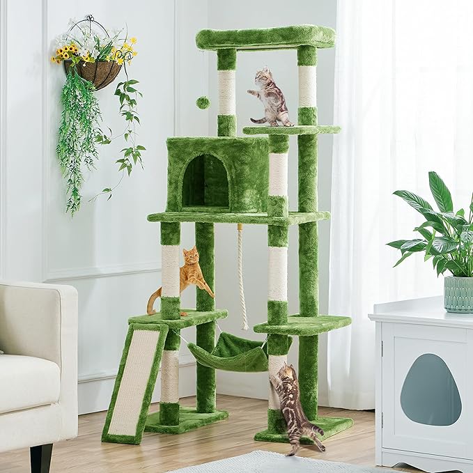 Topeakmart 63in Cat Tree Cat Climbing Tower, Cat Activity Center w/Scratching Post Cozy Condo House Spacious Platform for Indoor Cats, Green