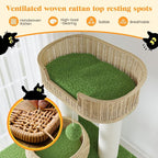 SHA CERLIN 57-Inch Cat Tree Tower for Indoor Cats, Multi-Level Cat Condo with 3 Rattan Woven Beds, Plush Platforms, Sisal Scratching Posts & Interactive Toys - Green Cat Furniture