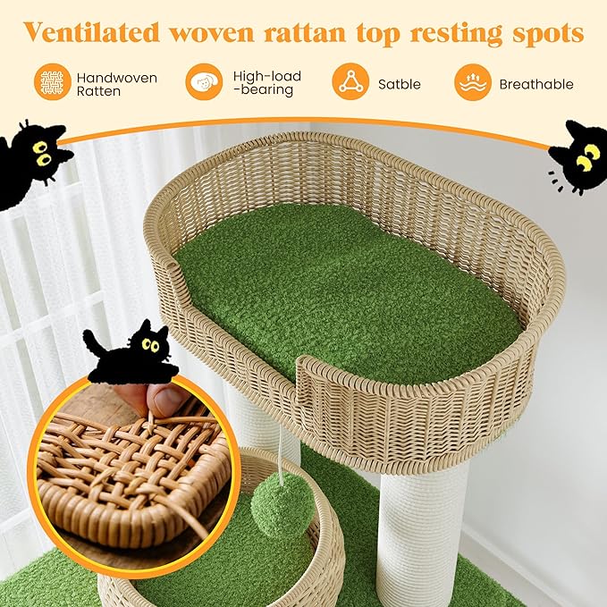 SHA CERLIN 57-Inch Cat Tree Tower for Indoor Cats, Multi-Level Cat Condo with 3 Rattan Woven Beds, Plush Platforms, Sisal Scratching Posts & Interactive Toys - Green Cat Furniture