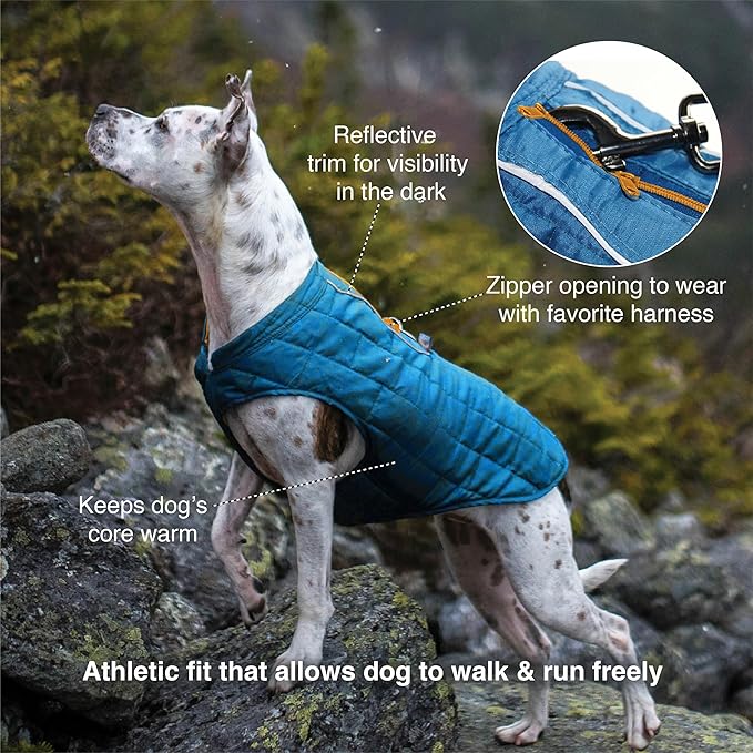 Kurgo Loft Dog Jacket - Reversible Cozy Coat for Outdoor Adventures - Water Resistant - Athletic Fit - Machine Washable Fabric - Reflective Dog Gear - Medium - Coastal Blue