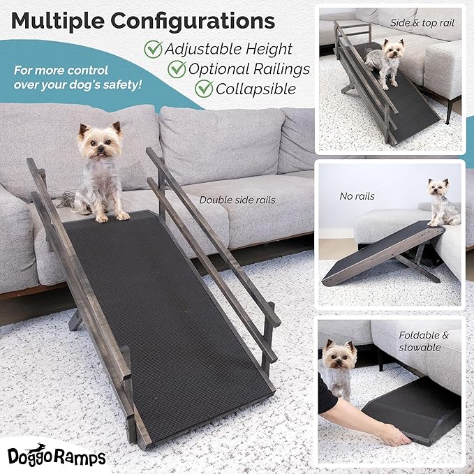 DoggoRamps Dog Ramp for Couch with Safety Rails - Adjustable from 14" to 21" with Anti-Slip PAWGRIP & Convenient Platform Top - for Small Dogs up to 150lbs - Made of Solid Hardwood in North America