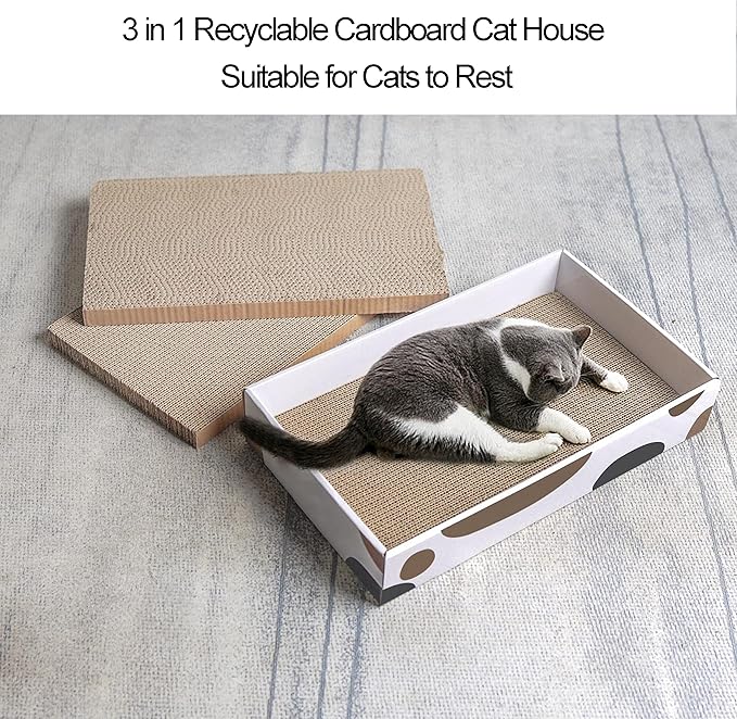 3 Packs Cat Scratcher Pad with Cat Box,Durable Cat Scratcher Cardboard Refill,3 in 1 Recyclable Cardboard Cat House Suitable for Cats to Rest,Grind Claws and Play,Reversible Scratch Box 17"x10"