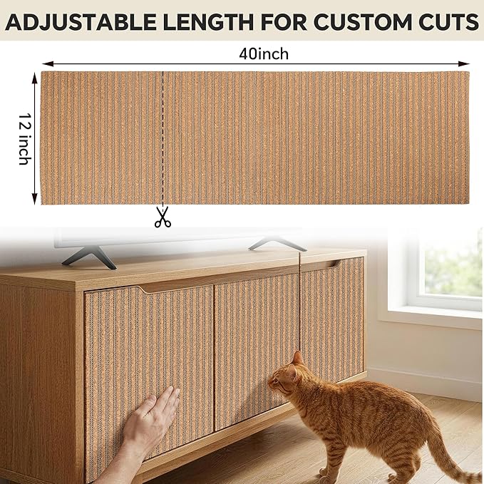 Self-Adhesive Cork Cat Scratcher Mat, 40x12 Inch Cut to Size, Long-Lasting Durable Cat Scratching Pad for Couch, Natural Furniture Protector for Indoor Cats