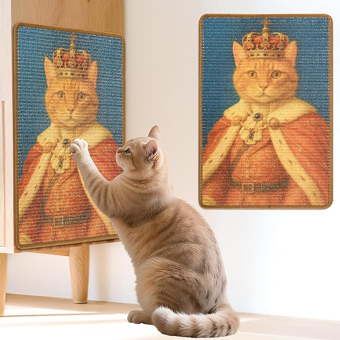 Sisal Cat Scratcher Mat, Cat Wall Scratcher for Indoor Cats, 23.6x15.7 Inch Cat Scratch Pad with Hook & Loop, Wall Mounted Cat Scratching Post to Protect Couch and Carpet（Elegant Cat）