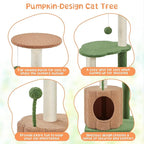 Topeakmart Cat Tree, 42in Pumpkin Cat Tower with Spring Teasing Ball and Leaf Shape Design, Cute Cat Tree with Natural Sisal Scratching Posts, Platform, Condo for Indoor Cats, Green & Brown
