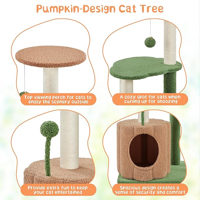 Topeakmart Cat Tree, 42in Pumpkin Cat Tower with Spring Teasing Ball and Leaf Shape Design, Cute Cat Tree with Natural Sisal Scratching Posts, Platform, Condo for Indoor Cats, Green & Brown