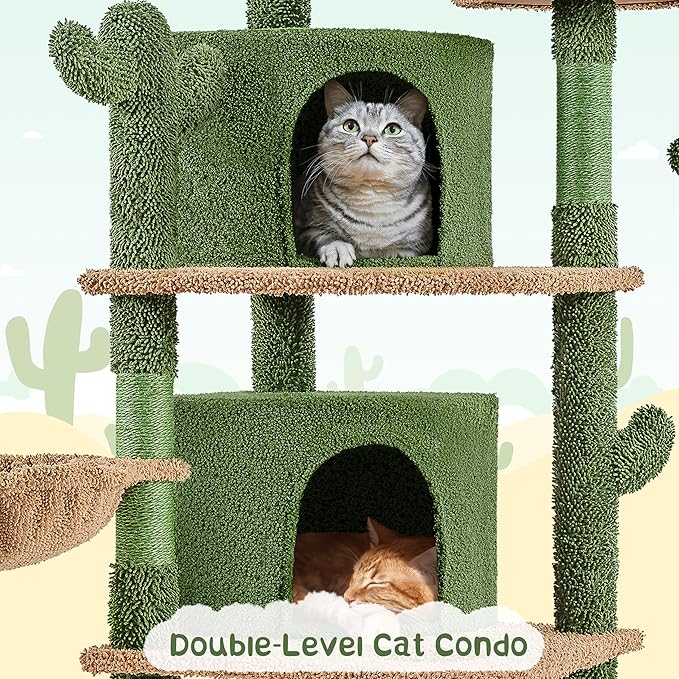 Yaheetech Cactus Cat Tree, 66?H Cat Tower for Indoor Cats, Multi-Level Cat Tree with Large Condos & Ramp, Pet Play House with Padded Perch, Platforms, Basket & Hanging Ball, Green/Brown