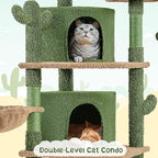 Yaheetech Cactus Cat Tree, 66?H Cat Tower for Indoor Cats, Multi-Level Cat Tree with Large Condos & Ramp, Pet Play House with Padded Perch, Platforms, Basket & Hanging Ball, Green/Brown