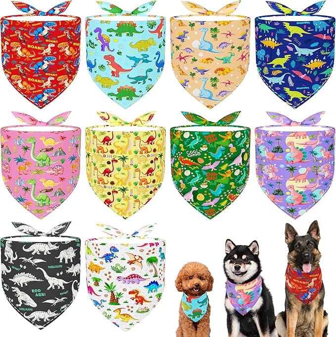 10PCS Dinosaur Dog Bandanas Pack for Medium Breed Dog Pink Purple Yellow Blue Kerchief Triangle Bibs Scarves for Boys and Girls Grooming Costume