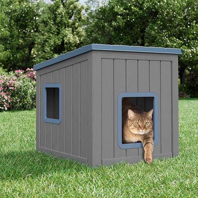 KAMABOKO Outdoor Cat Shelter Weatherproof PP Plastic Cat House for Winter, Insulated Cat Condo for Feral and Outdoor Cats with Waterproof Flat Base for Porch, Backyard, Blue