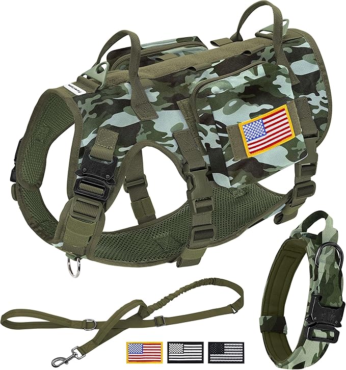 Forestpaw Tactical Dog Harness Tactical Dog Collar with Bungee Leash Set,No Pull Military Dog Harness for Walking Training,Adjustable for Medium Large Dogs,Camouflage Green,Chest 21.5-45"