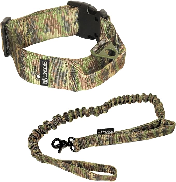 FDC Dog Tactical Collar with Leash Bungee Handle Heavy Duty Training Military Army Molle Width 1.5in Plastic Buckle TAG Hole Medium Large M, L, XL, XXL (XL: Neck 16" - 20", Camouflage)
