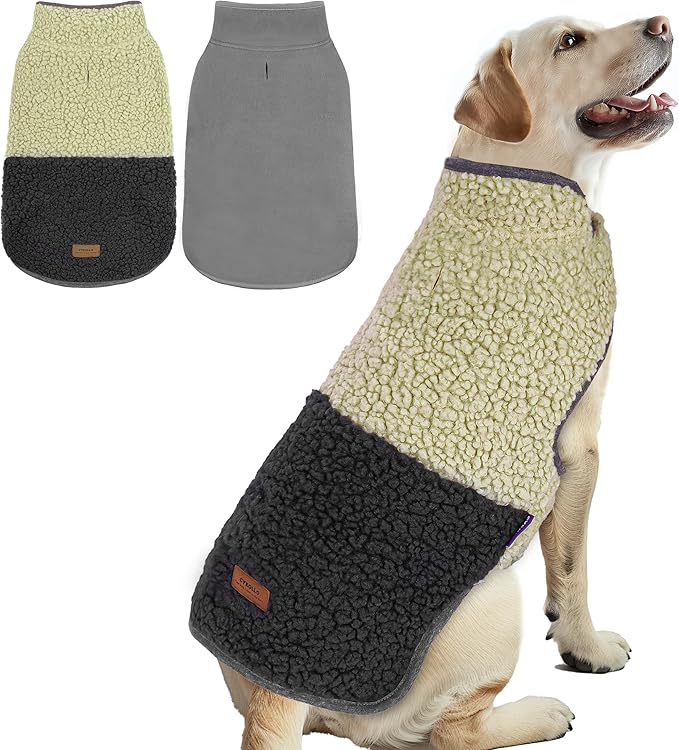 cyeollo Warm Dog Coat Sherpa Winter Coat, Reversible Fleece Dog Jackets Sweater Vest for Large Dogs Male with Leash Hole, Soft Cold Weather Pet Clothes, Khaki XXXL