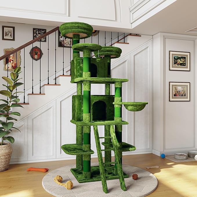 71" Tall Cat Tree for Large Cats, Multi-Level Heavy Duty Cat Tower with Sisal Scratching Posts & Extra Large Condo, Sturdy Wood Cat Climbing Stand for Indoor Big Cats, Modern Pet Furniture (Green)