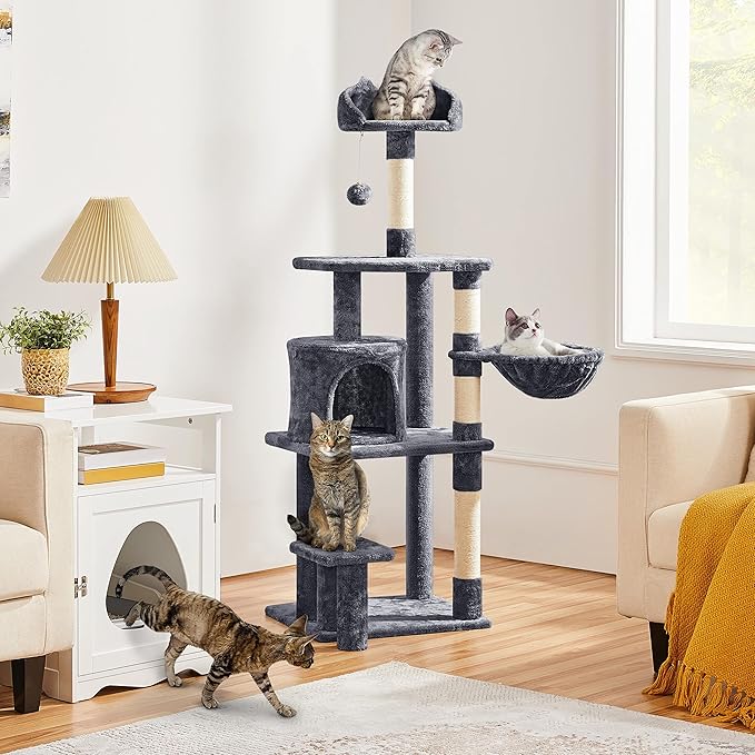 Topeakmart Cat Tree 57in, Multi Level Cat Tower with Basket & Condo & Scratching Post & Padded Perch & Extended Platform & Fur Ball