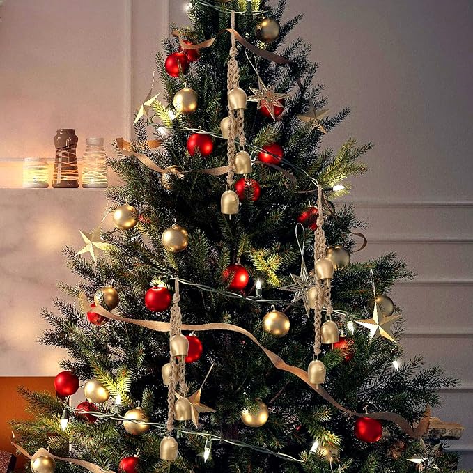 Christmas Bells Vintage Hanging Decorative: Gold Bells Decor with Jute Hanging Rope - Metal Cow Bells Christmas Decor for Christmas Wreath Garland Tree Wedding Party Door Staircase Railings