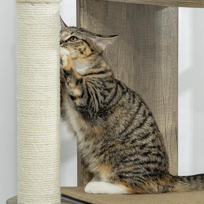 PawHut 65" Corner Modern Cat Tree Tall for Climbing, Large Multilevel Cat Tower with Scratching Posts, Small-Fit Kitten Tower with Sisal, Cream White