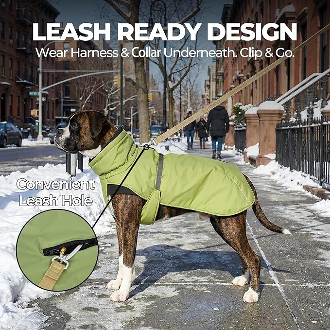 Dog Winter Coat, Warm Puffer Jacket with Fur-Safe Buckle & Leash Hole for Cold Weather, Water-Repellent Snow Vest, Breathable Thermal Apparel for Hiking & Active Dogs (Green, X-Small)
