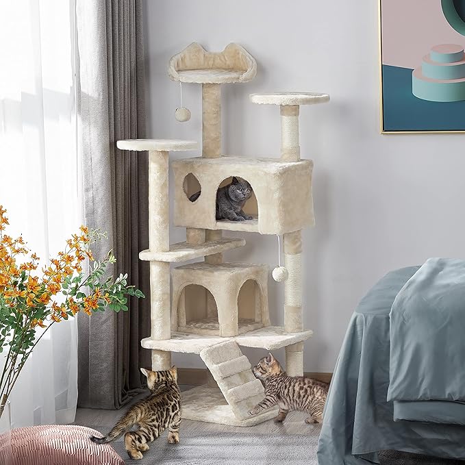 Topeakmart 54in Cat Tree, Cat Tower w/Large Cat Condo Scratching Posts and Perch, Cat Stand House Furniture, Beige