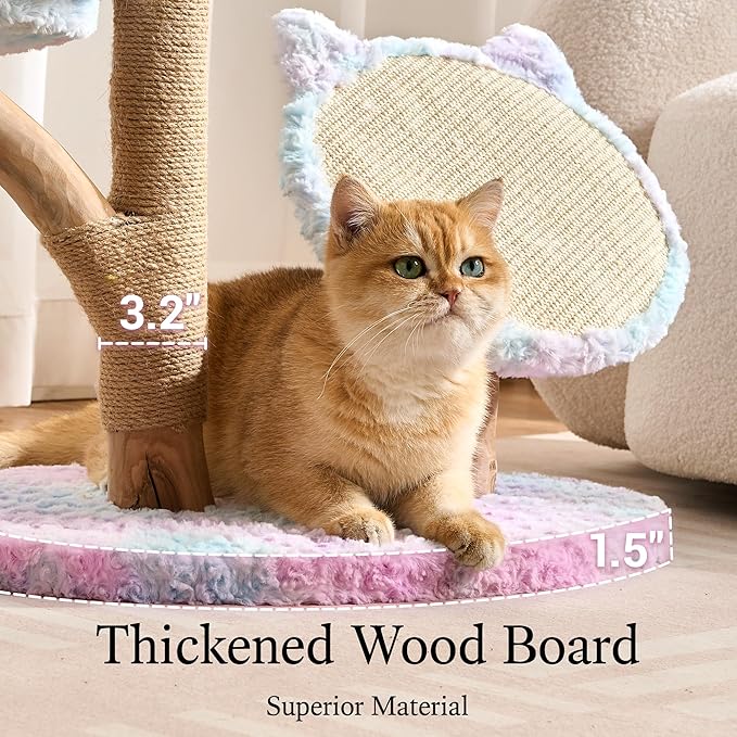 797Audio Natural Wood Flower Cat Tree, Modern Cat Tower with Real Solid Wood Branch, Luxury Aesthetic Cat Tree with Scratching Post, Scratch Pad, Cat Tree Tower for Indoor Large Adult Cats, Sky Blue