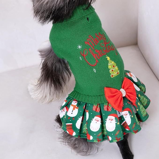 CuteBone Christmas Green Dog Sweater Dress Turtleneck Puppy Sweater with Bowtie Harness Hole Pullover Winter Dress for Medium Dogs