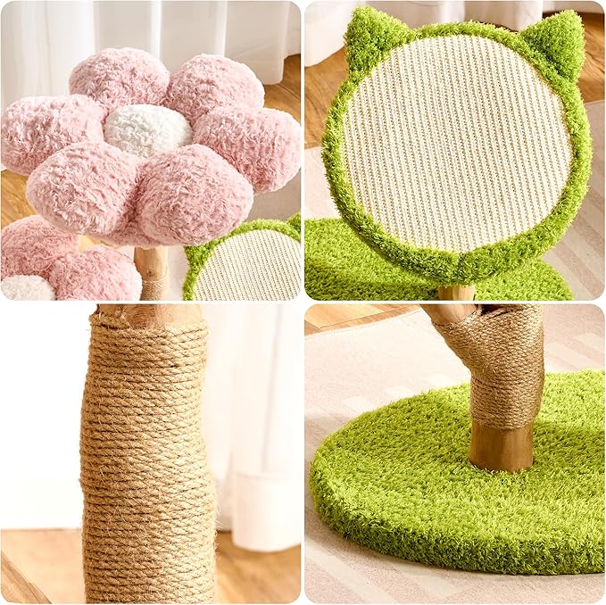 Modern Natural Solid Wood Cat Tree Tower for Indoor Cats Large Adult, 30 inch Flower Cat Tree with Scratching Post, Luxury Aesthetic Cat Tree with Cloud-Soft Flower Perches and Sisal Scratching Pad