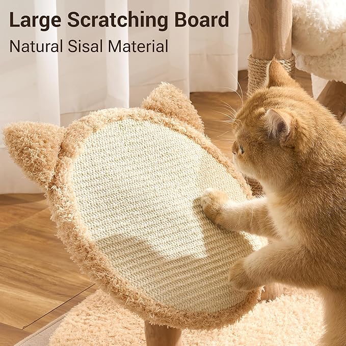 Aesthetic Flower Cat Tree Tower with Scratching Post for Indoor Cats, 30" H Modern Cat Tree with Natural Solid Wood Branch, Fluffy Cat Beds Removable & Large Scratching Board, Dreamy Blue