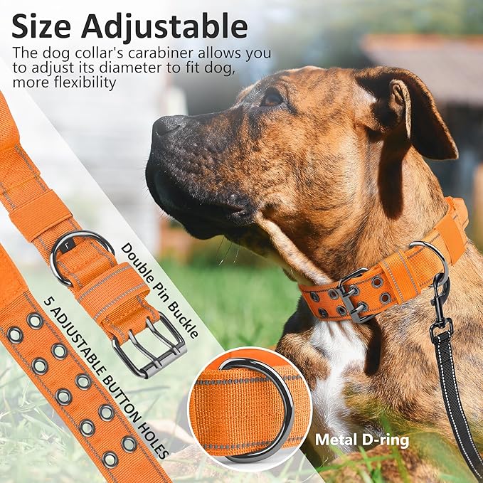 Tactical Dog Collar with Control Handle, Military Adjustable Pet Collar Reflective Heavy Metal Buckle Dog Collar, Soft Nylon Training Collar for Medium Large Dogs (Orange, X-Large)