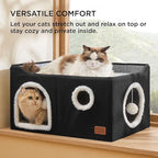 Bedsure Large Cat Beds for Indoor Cats - Extra Wide Cat Cube House for Small Pet with Fluffy Ball Hanging and Scratch Pad, Foldable Pet Cave Hideaway for Multiple Cats, 23.6x16.9x13 inches, Black