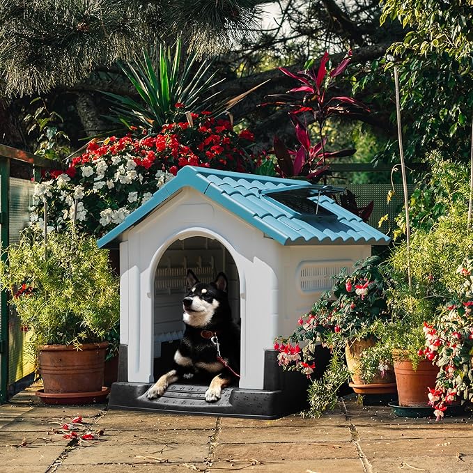 YITAHOME Dog House Outdoor Plastic Doghouse Water Resistant Pet House with Adjustable Skylight and Elevated Base for Small, Medium, and Large Dogs