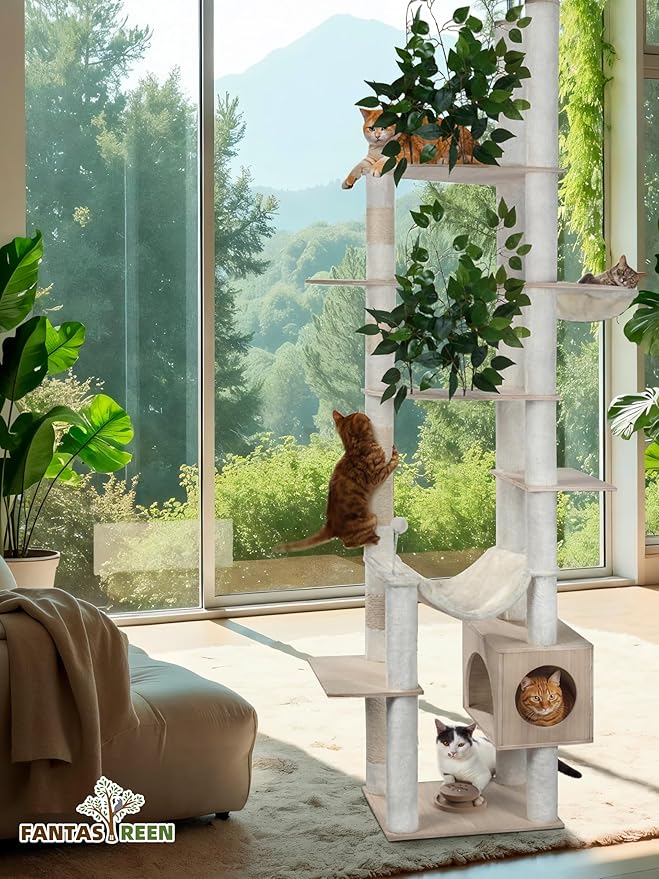 Large Cat Tree Floor to Ceiling Tower, Adjustable Height 77-101 Inches Tall, Climbing Cat Activity Furniture with Thickened Posts, Hammock Bed and Condo for Indoor Cats, White