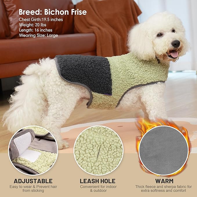 cyeollo Warm Dog Coat Sherpa Dog Winter Coat, Reversible Fleece Dogs Jackets Sweater Vest for Small Medium Dogs Male with Leash Hole, Soft Cold Weather Pet Clothes, Khaki XL