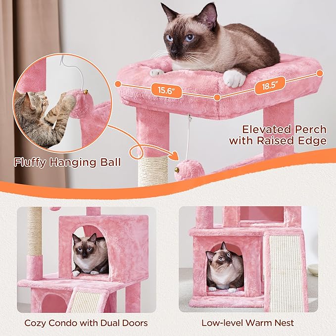 Yaheetech Cat Tree for Indoor Pets, 36in Tower Condo w/Extra Large Perch, Scratching Posts, Board, Dangling Ball, Play Structure for Kittens & Adult Cats, Pink