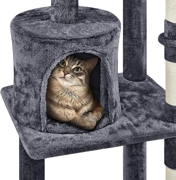 Topeakmart Cat Tree 57in, Multi Level Cat Tower with Basket & Condo & Scratching Post & Padded Perch & Extended Platform & Fur Ball