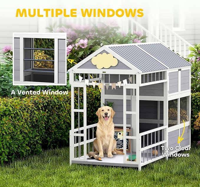 PawHut Dog House Outdoor Indoor, 79" x 41" x 63" Wooden Dog Shelter with Porch, Storage Cabinet, Weatherproof Roof, Elevated Floor, Air Vents & Observation Windows, Large Pet Shelter for Large Breeds