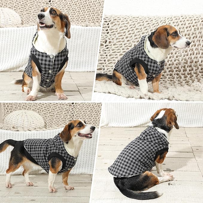 Fleece Lining Dog Hoodie for Medium Dogs Extra Warm Plaid Sweater with Drawstring Hooded Coats in Winter Doggie Jacket,Black XL