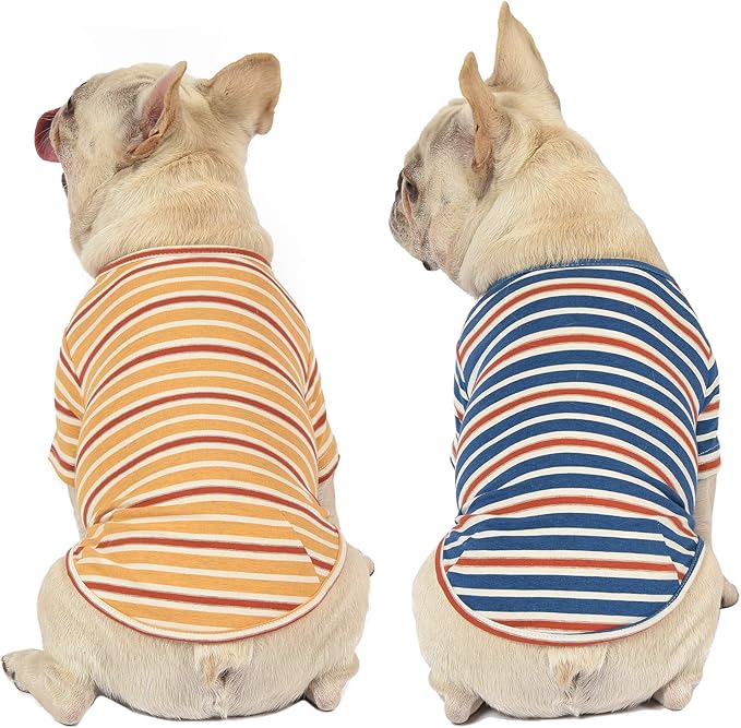 Dog Shirts Cotton Striped T-Shirt, Summer Pet Clothes for Small Dogs, 2-Pack Soft Puppy Apparel Cat Tee, Breathable Stretchy, Blue Yellow XXL