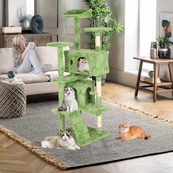 Heavy Duty Cat Tree,70 Inch Tall Cat Tower,2 Cozy Condos,Scratching Posts,Ladders & Sisal Pole,Multi-Level Perches Platforms for Indoor Cats,Sturdy Pet Climbing Furniture,Green