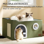 Bedsure Large Cat Beds for Indoor Cats - Extra Wide Cat Cube House for Small Pet with Fluffy Ball Hanging and Scratch Pad, Foldable Pet Cave Hideaway for Multiple Cats, 23.6x16.9x13 inches
