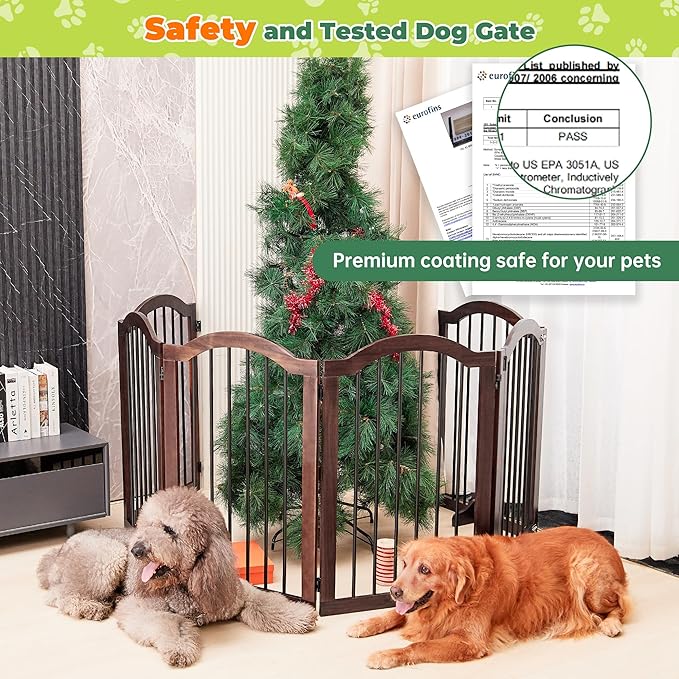 PrimeZone 144" Extra Wide Dog Gate - 36" Tall 6-Panel Solid Acacia Wooden Freestanding Puppy Gates with Door, Foldable Indoor Pet Fence for Doorways, Stairs, Support Feet Included, Brown