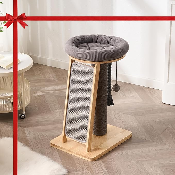 Modern Cat Tree Small Tower with Scratching Post for Indoor, Solid Wood Multifunctional Corner Cat Tree Tower with Bed, Dangling Ball,Interactive Rope, Scratching Board
