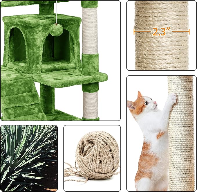 Topeakmart 54in Cat Tree with Scratching Posts Spacious Condos Furry Hanging Ball Cat Climbing Tower for Indoor Cats and Kittens, Green