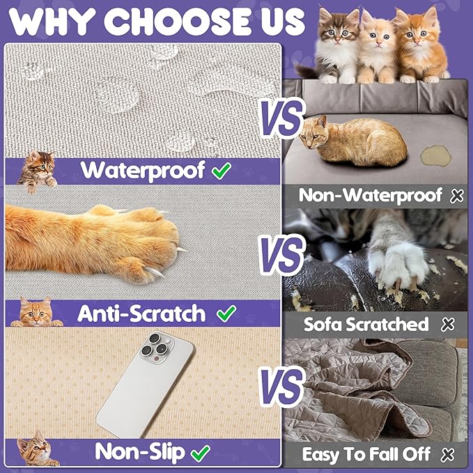 Cat Scratch Furniture Protector - Anti-Slip, Waterproof Sofa Cover to Keep Cats Off, Pet-Friendly Couch Protectors for 3 Cushion Couch, Beige Anti-Scratch Couch Cover for Pets and Kids 150"X71"