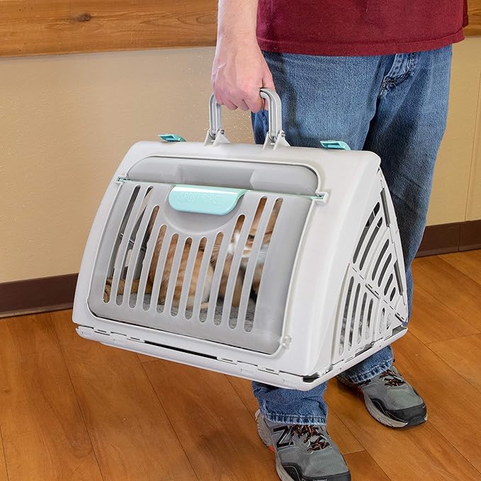 SportPet Large Hard-Sided Travel Cat Carrier - Cat Carrier with Patented Wide Side-Opening Door, Foldable Portable Pet Carrier with Removable Bed for Cats & Small Pets up to 25lbs - Gray