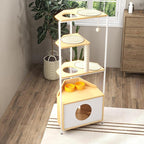 KIROJA Corner Cat Tower 58.4 Inches Tall Cat Tree with Scratching Post, Cat House Pet Furniture with Feeding Station and Climbing Platforms for Indoor Cats, White + Light Oak