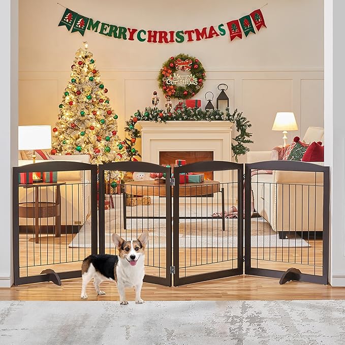Yaheetech Extra Wide Dog Gate Freestanding Pet Gate for Dogs,Foldable Puppy Fence with Support Feet Suitable for Doorway, Stairs,98 in Wide 32 in Tall (4-Panel,Espresso)
