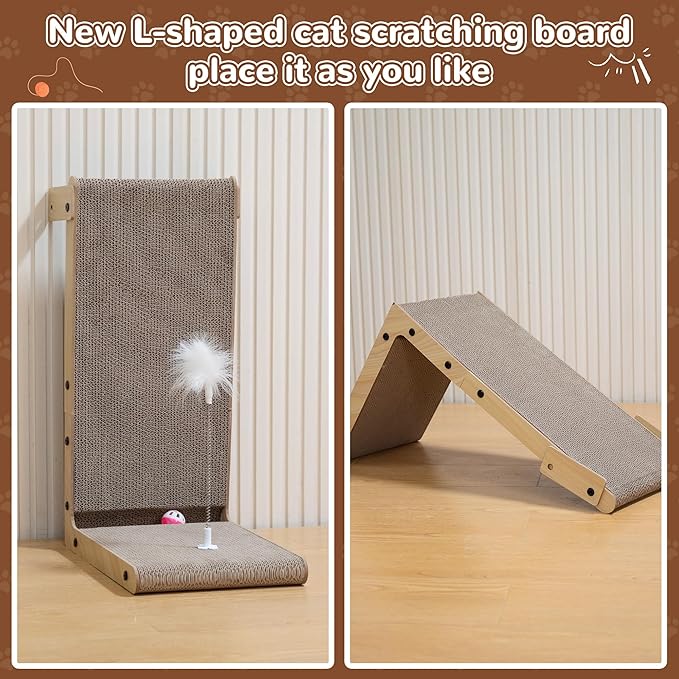 COZIWOW L-Shape Cat Scratcher Lounge, Corrugated Cardboard Scratching Pad for Indoor Cats, Durable Cat Furniture with Spring Toy (Walnut)