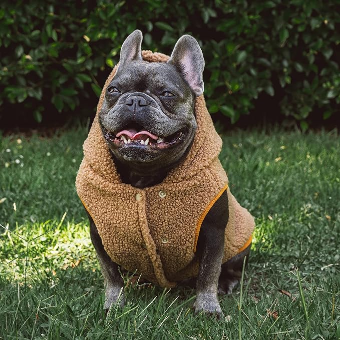 Tuff Pupper Fleece Dog Hoodie Sweater | Teddy Sherpa Outer & Soft Polar Fleece Lining | Adjustable Fit Winter Coat with Hood, Leash Hole, Ribbed Cuffs | for Small Medium Large XL XXL Dogs (Brown, S)