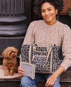 Cleverpup Transit Tote Dog Carrier for Small Dogs up to 8 lbs, 16x11x8 Soft-Sided 4-Pc Set with Waterproof Base, Plush Insert, Food Pouch, Mesh Head Opening - Small, Leopard